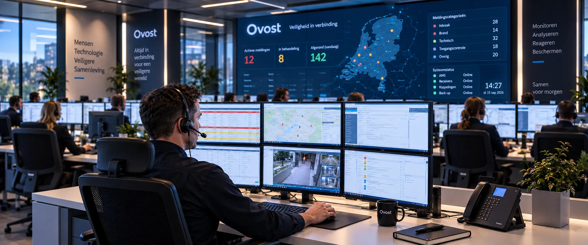 Meldkamer in bedrijf, operators achter schermen